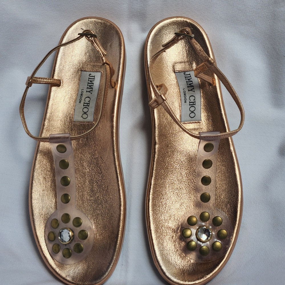 Jimmy Choo Rose Gold Metallic Studded Crystal T-Strap Sandals Size 38 Made Italy
